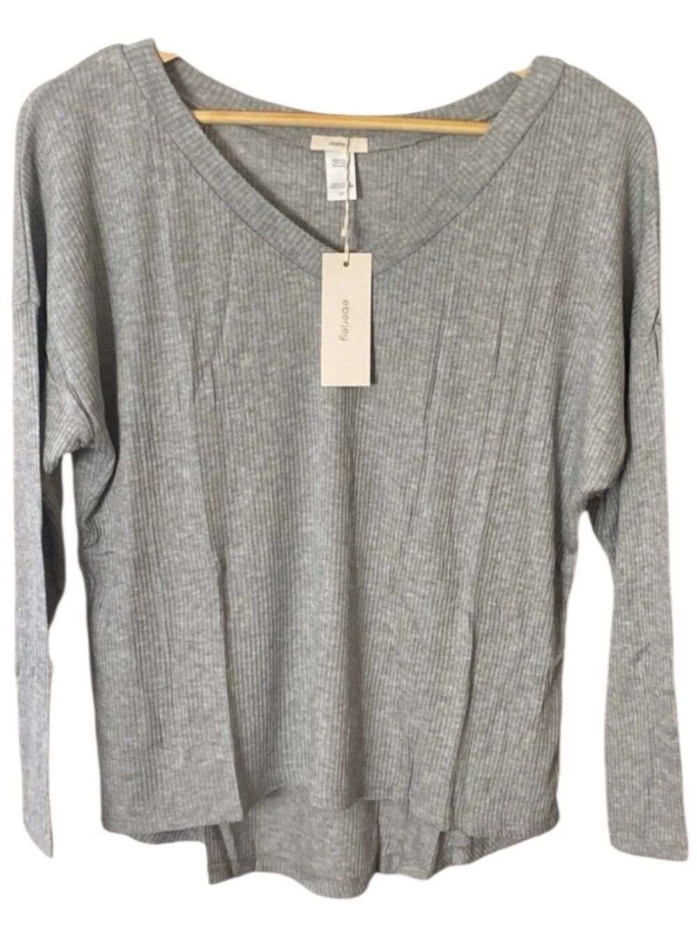 Eberjey Light Heather Gray Ribbed V-Neck Long Sleeve Top